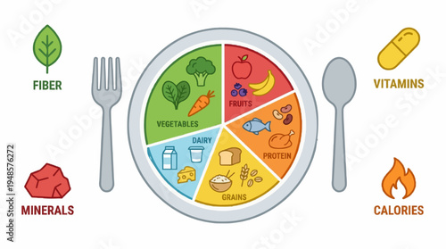 healthy food and nutrition balance concept, central plate divided into food group sections showing vegetables fruits protein grains and dairy as colorful flat icons, surrounding nutrition fact icons i