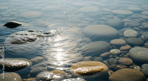 Close-up view of crystal-clear, pristine water gently flowing over an array of smooth, sun-drenched pebbles, creating delicate ripples on the surface with shimmering reflections