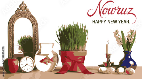 Nowruz haft sin table setting with goldfish and mirror for new year