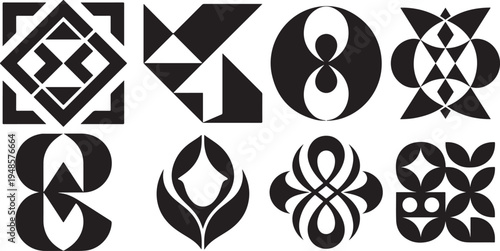 Selection of abstract geometric and ornamental symbols in dark color on transparent background