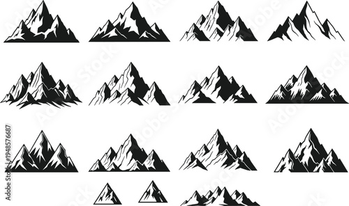 Set of black and white mountain peak silhouettes, rocky ridge icons for outdoor adventure logo design, wilderness nature landscape vector.