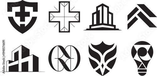Various abstract geometric and building related emblems in monochrome on transparent background