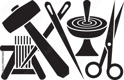 Various crafting tools including hammer, needles, spinning top, and scissors