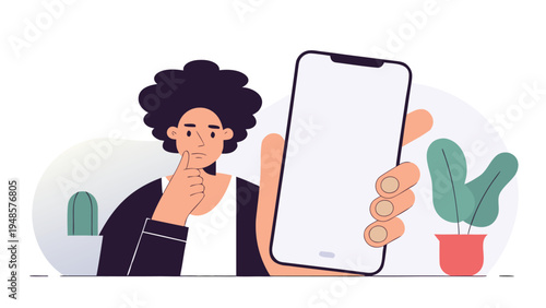 A person with large curly hair holding a giant smartphone with a blank screen while touching their chin in a thoughtful gesture.