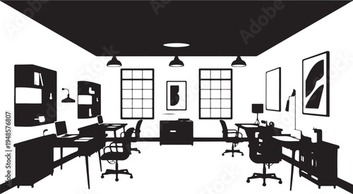 Modern office interior with multiple workspaces chairs and ample lighting