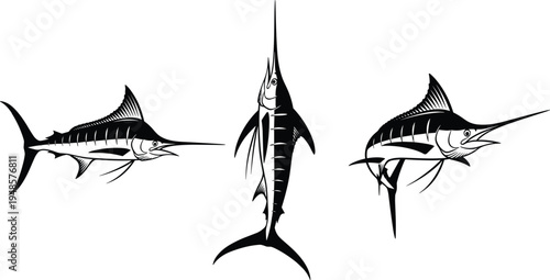 Set of black and white woodcut illustrations of marlin fish in various poses, hand drawn marine life icons isolated on white,