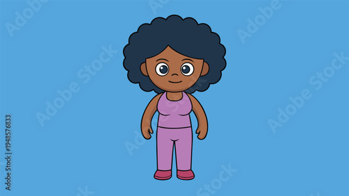 A centered cartoon illustration of an African American woman with a dark afro hairstyle wearing a purple outfit on a solid blue background.