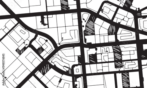 Abstract urban street map with roads and blocks on transparent background