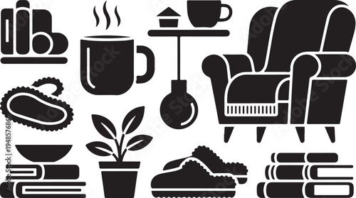 Cozy home interior icon set with armchair coffee books and houseplant
