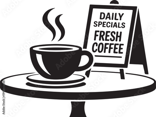 Coffee cup on round table with daily specials menu sign in cafeteria
