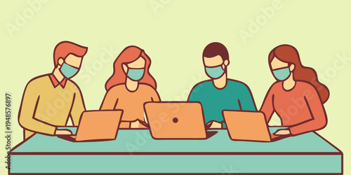 Flat illustration of business team collaborating at table using laptops while wearing face masks. Concept of office teamwork, remote work culture, corporate meeting and workplace safety.
