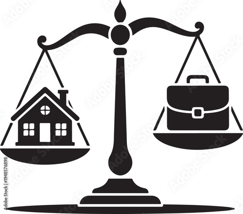 House and briefcase on scales showing work-life balance concept illustration