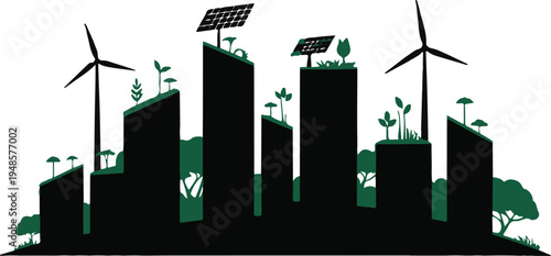 Eco city skyline with solar panels wind turbines and greenery skyscrapers