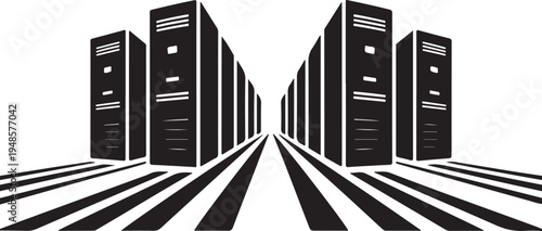 Data center server farm with rows of computer hardware equipment