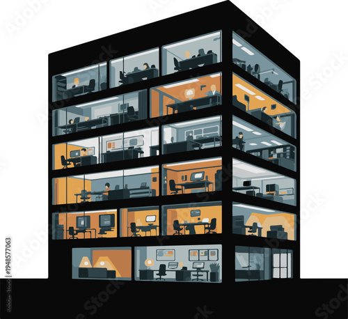 Modern office building interior with various workplaces and employees working