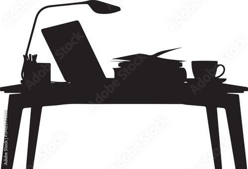 Desk with laptop, lamp, cup, stack of papers, office items, study space