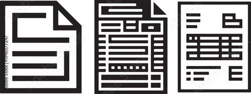 Set of document and file icons in black on transparent background