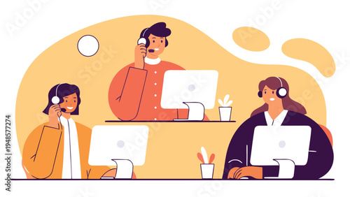 Three diverse call center operators wearing professional headsets work at their computer desks in a stylized office environment with warm yellow tones.