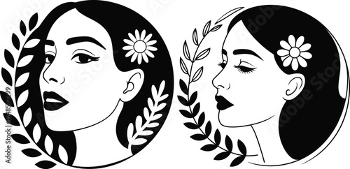 Stylized black and white portraits of women with floral accents