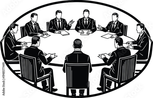 Business meeting silhouette with executives sitting around conference table, corporate board discussion teamwork concept vector illustration isolated on light background