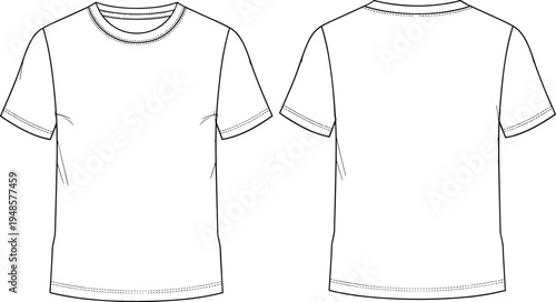 Blank t shirt template with front and back view, casual apparel mockup outline, basic tee clothing technical drawing vector illustration isolated on light background