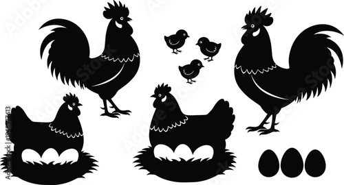 Vector silhouette of roosters and heads with eggs