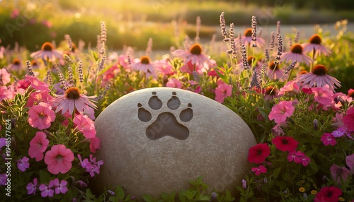 Curious Stone Paw Print in Colorful Garden