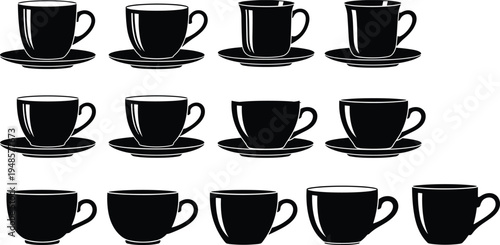 Collection of black coffee cup silhouettes with saucers, minimalist cup icon set, tea mug shapes, cafe drinkware vector illustration isolated on light background