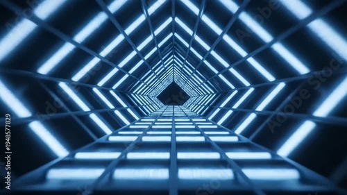 Futuristic Blue Neon Tunnel with Geometric Patterns and Lights.