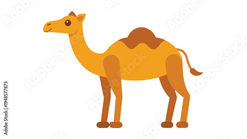 A golden yellow single humped dromedary camel stands in a side profile position against a plain white background in a vector illustration style.