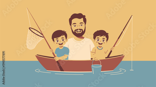 Father sons fishing boat illustration