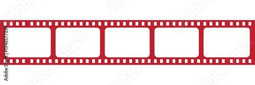Red filmstrip with perforated edges on white background, vintage cinema concept.