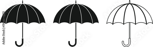 Umbrella silhouette icon set with classic rain protection design, black and outline umbrella vector illustration collection isolated on light background