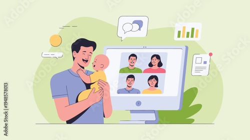 Father with baby on video call computer