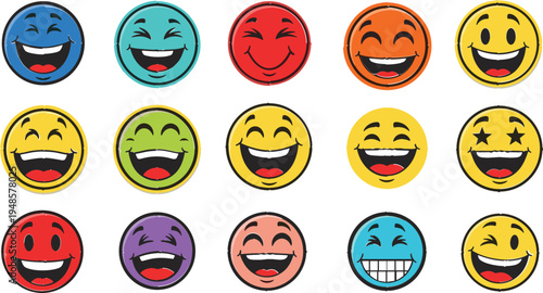 Colorful Smiling Emoji Faces Collection with Happy Laughing Cartoon Emoticons Expressing Joy Fun and Positive Emotions Isolated on White Background Vector Set