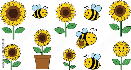 Cute Cartoon Sunflower and Bumblebee Character Collection with Happy Bees Flying Around Yellow Flowers Isolated on White Background Vector Illustration Set