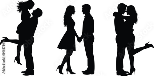 Romantic couple silhouette set showing love, hugging, kissing and holding hands, man and woman relationship poses vector illustration isolated on light background