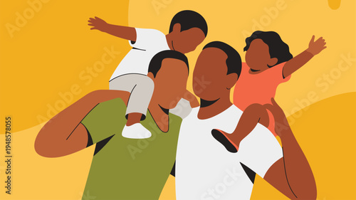 Fathers Children Shoulder Ride Family Illustration