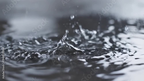 Closeup Slow Motion of Water Droplets Splashing into a Pool.