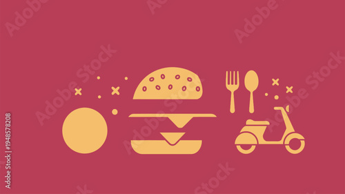 Food delivery icons, burger, scooter, cutlery, flat design