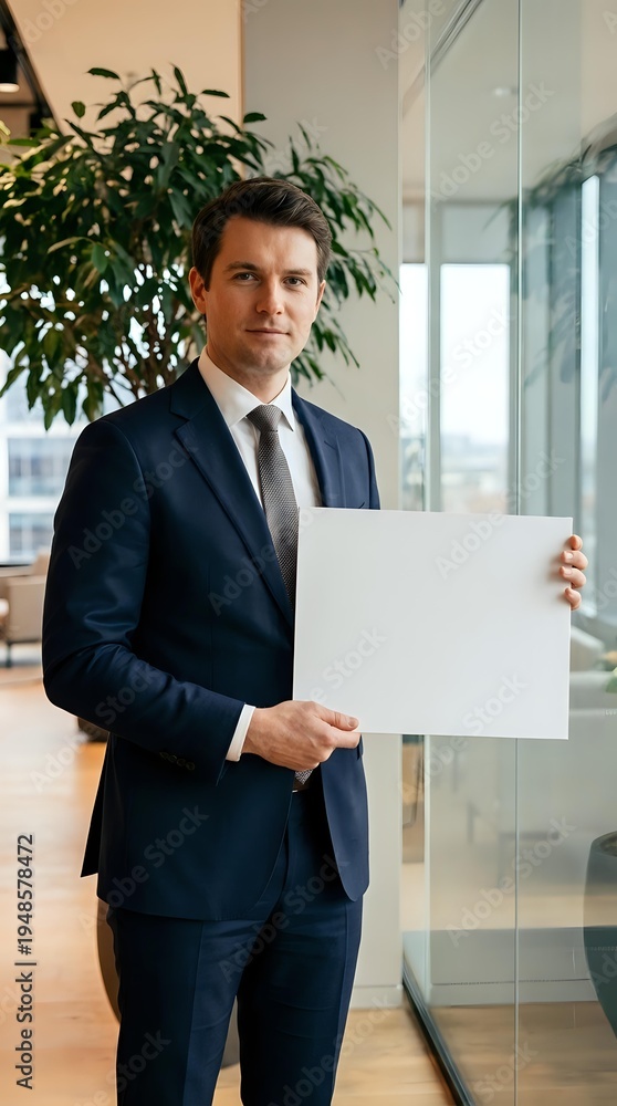 Fototapeta premium Professional businessman in navy suit holding blank white paper in modern office with glass walls and plants for corporate presentations and marketing materials.