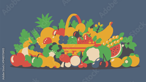 Fresh fruit vegetable harvest basket flat illustration