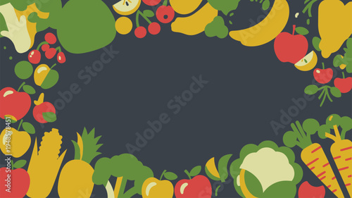 Fresh fruits vegetables frame dark background