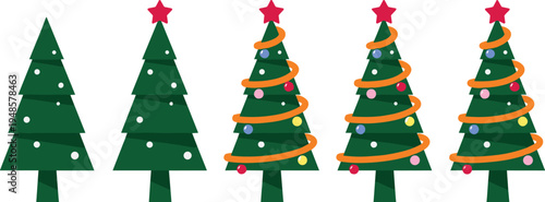 Vector illustration set of five green Christmas trees showing decoration stages from plain to fully adorned with red stars ornaments and orange garlands