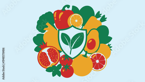 Fresh fruits vegetables healthy nutrition shield illustration