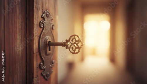 Old Ornate Key in Wooden Door Close Up