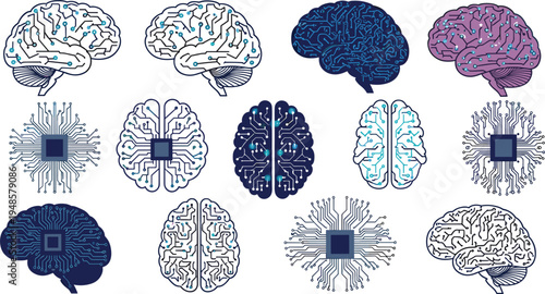 Set of artificial intelligence human brain vectors with digital circuit board patterns and microchip neural networks for technology and machine learning concepts isolated on white background.