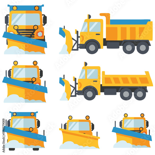 Snow Plow Truck Illustrations Collection Winter Road Maintenance Vehicles Heavy Equipment Flat Design for Snow Removal Services
