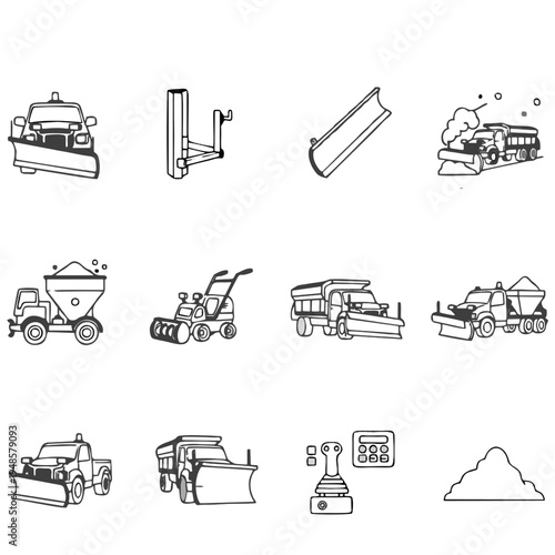 Snow Removal Equipment Illustrations Featuring Various Snow Plows Trucks Spreaders and a Snow Blower During Winter