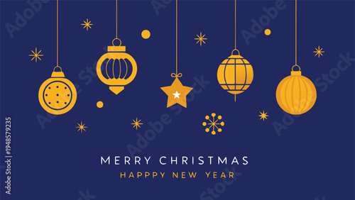 A horizontal navy blue banner features five distinct golden holiday ornaments hanging from the top with seasonal greeting text at the bottom.